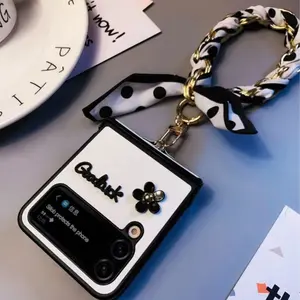 Polka Dot Scarf Chain Foldable Phone Case for Samsung Z Flip3/4/5/6/7/7FE, Black & White Luxury Style Cover