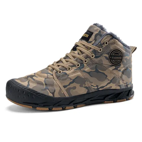 Men's Minimalist Camouflage High-Top Hiking Boots - Waterproof, Fleece-Lined, Warm Fur Liner, Beef Tendon Cloth, Non-Slip Rubber Sole Athletic All-Season Shoes for Camping, Trail Running