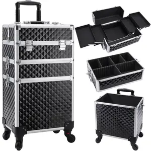 Joligrace 3 in 1 Rolling Makeup Case Aluminum Trolley Box Organizer Lockable Salon Cosmetic Train Case Storage