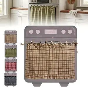 Handmade Oven Skirt Window Curtain Panels Cotton Blend Stove Cover Skirt with Lace Trim Embroidery Ruffled Oven Door Curtain with Ribbon Ties Rustic Farmhouse Kitchen Decor Beige Linen