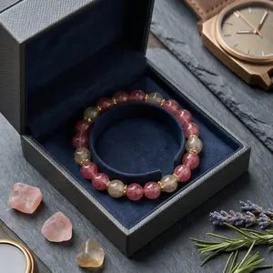 Strawberry Quartz & Golden Rutilated Quartz Bracelet Set –  8mm Natural Stone Beaded Jewelry, Attract Love Wealth Career, Unisex Daily Wear Gift