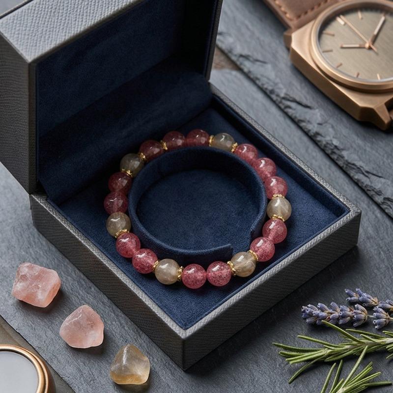 Strawberry Quartz & Golden Rutilated Quartz Bracelet Set –  8mm Natural Stone Beaded Jewelry, Attract Love Wealth Career, Unisex Daily Wear Gift