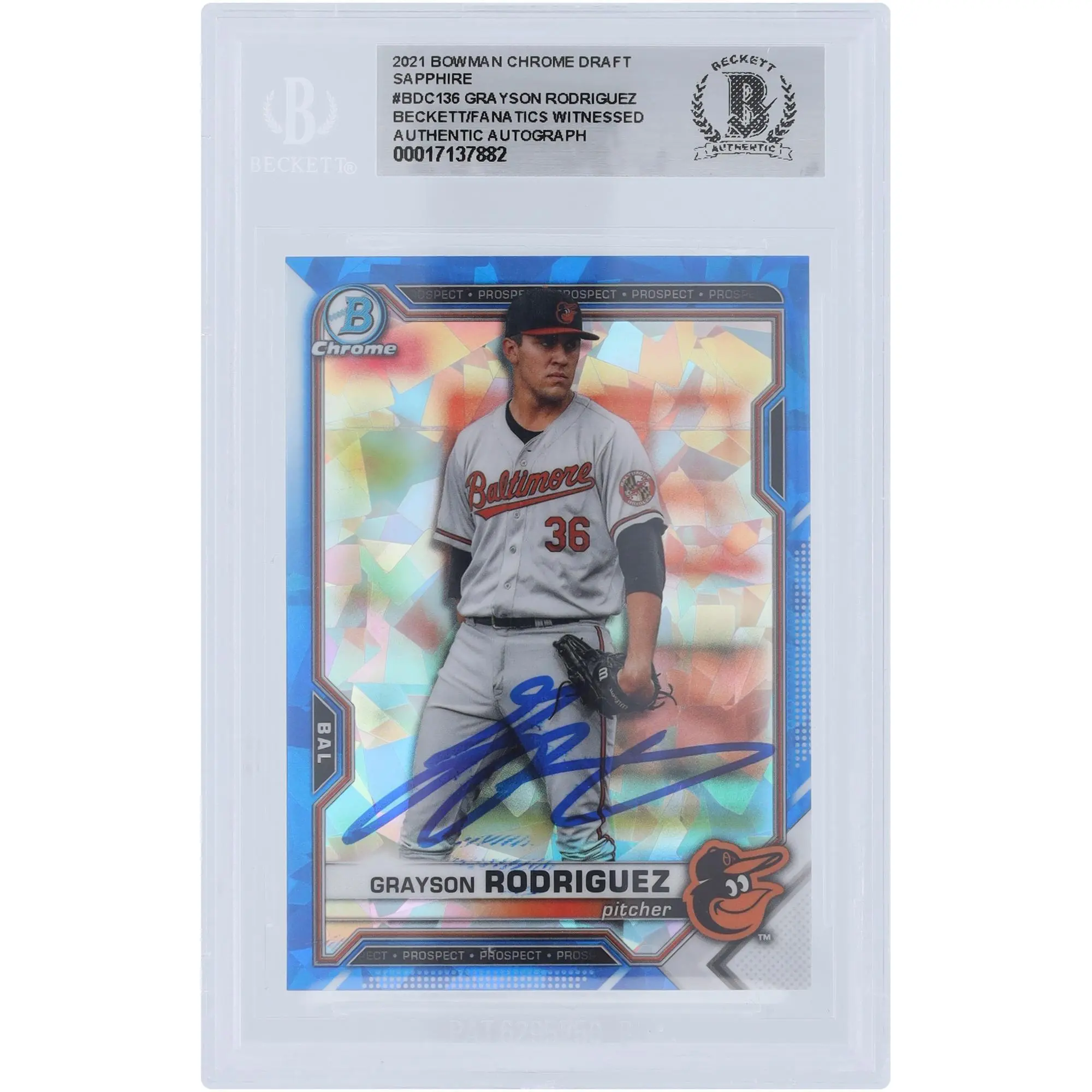Grayson Rodriguez Baltimore Orioles Autographed 2021 Bowman Chrome Draft Sapphire #BDC-136 Beckett Fanatics Witnessed Authenticated Card - Fanatics Authentic Certified