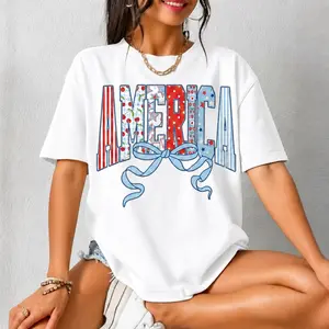 Women's America Bow Graphic Cotton T-Shirt, Patriotic 4th of July Red White Blue Summer Casual Top, Comfortable Fit Womenswear - t shirts for women, Love Jeans