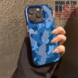 Case for iPhone 15 16 14 Pro Max 13 12 11 XR XS Plus E Blue Camo Pattern Matte Shockproof Anti-Scratch Stylish Smartphone Cover Cellphone Protective