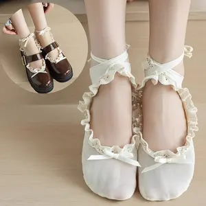 1/2 Double Bud Stockings for Women, Black and White Lace Ankle Socks, Lace-Up Spring and Summer Thin Ballet Style with Bow, Matching Mary Janes, Casual Daily Socks