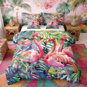 Flamingo Comforter Bed Set with Sheets,7 Piece Tropical Leaves Bed Bag,Palm Tree Comforter Bed Set,Bird Romantic Bed Set