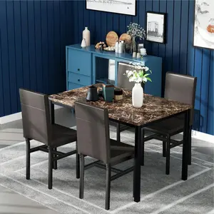 5-Piece Dining Table Set- Includes 4 Faux Leather Upholstered Dining Chairs And A Rectangular Faux Marble Top Steel Frame Dining Table For Kitchen And Dining Rooms White Glass Door Wardrobe Versatile Square Air Fryer with Window