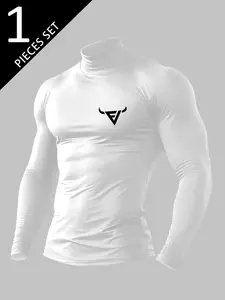 Men's Bull Logo Compression Turtleneck – Premium Quick-Dry Athletic Base Layer, Bodybuilding Training Long Sleeve Top