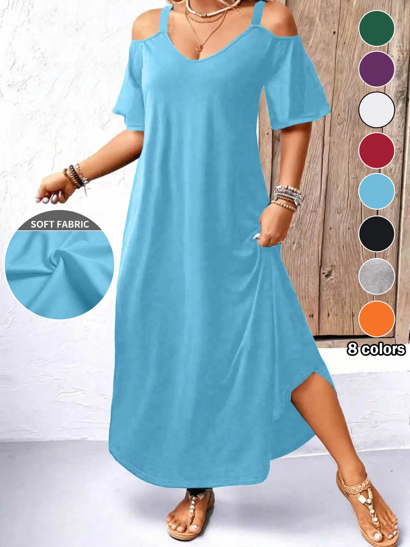 Plus Size Women's Hollow Out Shoulder Beach Style Dress, Casual Wear Vacation Summer Fashion, Round Neck, Plain Simple Basic Design, Slimming and Concealing, Minimalist