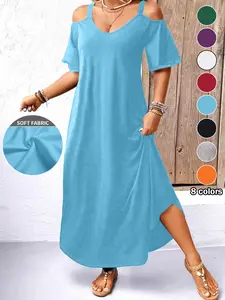 Plus Size Women's Hollow Out Shoulder Dress, Casual Wear Vacation Summer Fashion, Round Neck, Plain Simple Design, Slimming and Concealing