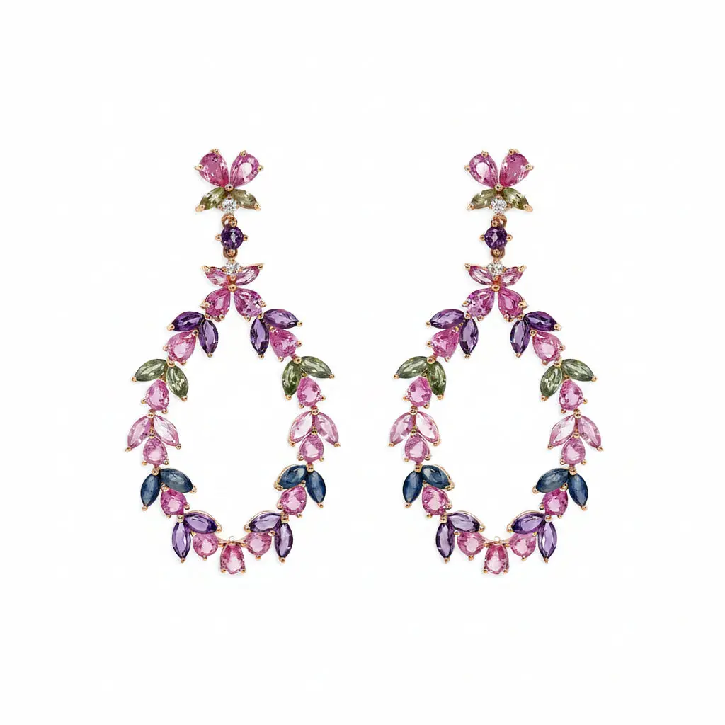 Floral Sapphire & Amethyst Drop Earrings – 18k Rose Gold