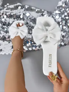 Summer Flat Sandals for Women, Bow Design Soft Sole Casual Beach Shoes, Fashionable Comfortable Large Size Ladies Footwear, Fashionable Slide Sandals, Bow Decorated Sandals