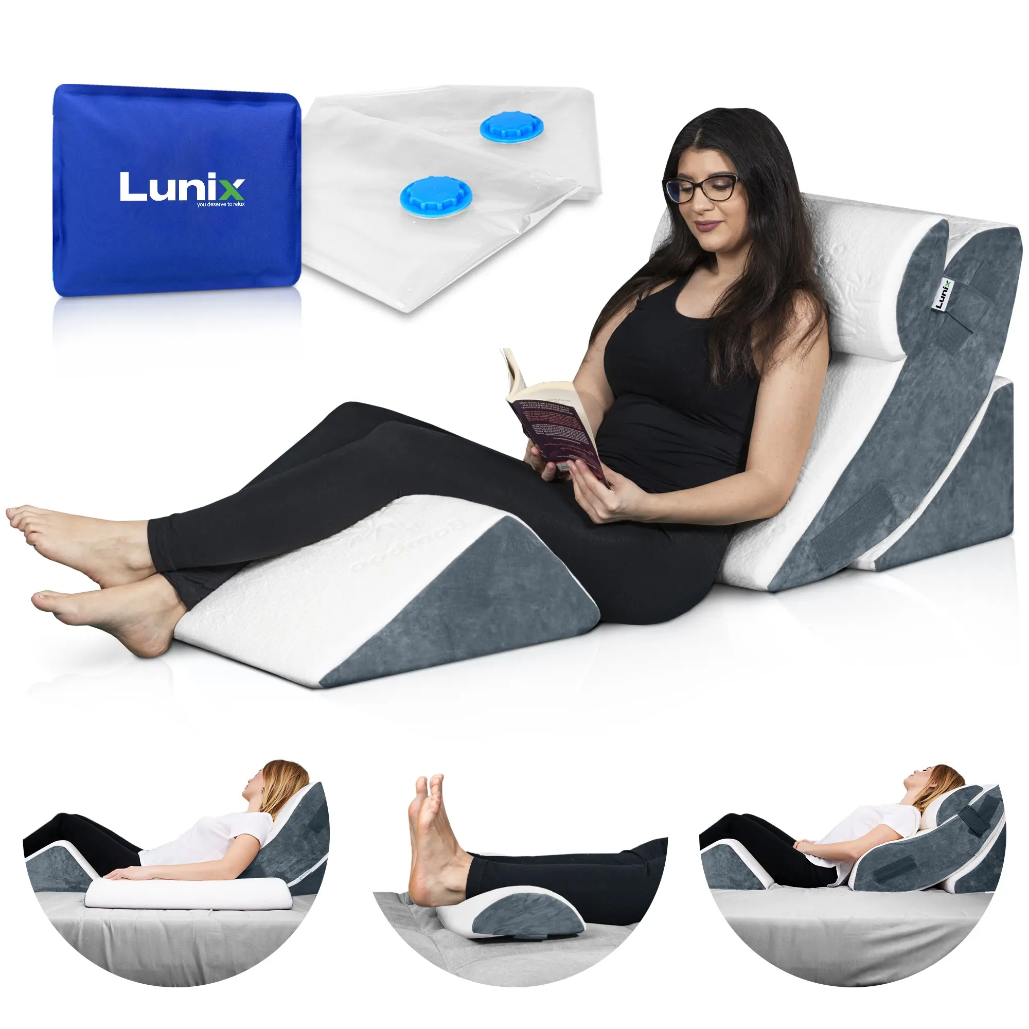 LX5 4pcs Orthopedic Bed Wedge Pillow System with Hot Cold Pack Navy Premium Memory Foam