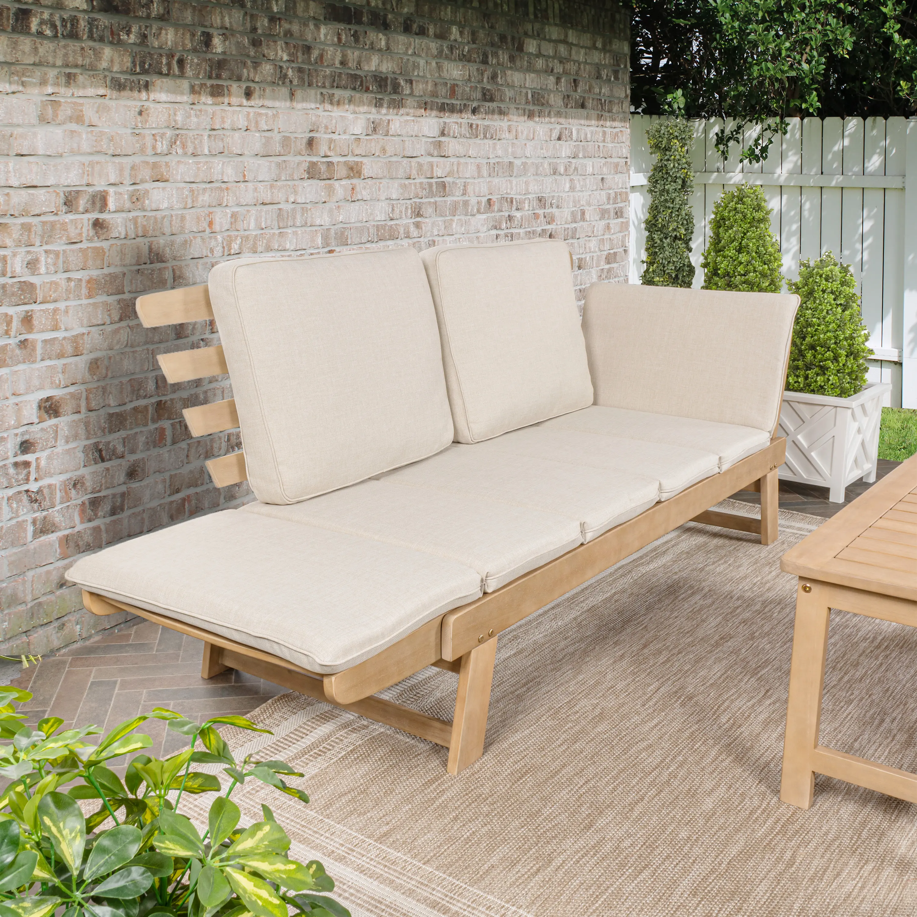JONATHAN Y Hartley 2-Seat Modern Scandinavian Folding Wood Outdoor Day Bed Patio Sofa, Beige/Light Teak Outdoor Furniture Sofa