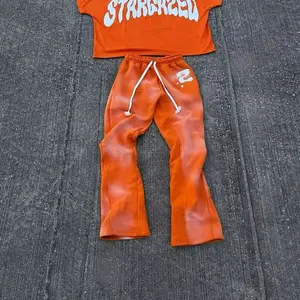 Stargreed Acid Wash Sweat Suit Jogger Tracksuit Short Sleeve Cropped Boxy Custom Patch 2 Piece T Shirt and Pants Set for Men