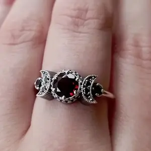 Gothic Style Scarlet Zirconia-Paved Dark Moon Ring, Symbol of Mystery and Beauty, Fashion Costume Jewelry Accessory for Daily Outfits and Parties, Rings