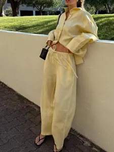 Linen Turn-Down Collar Long Sleeve Shirt & Casual Straight Leg Pants Set, Minimalist Loose Fit, Home & Outdoor Wear