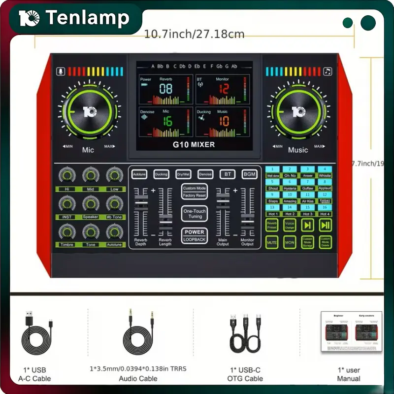 Tenlamp G10 All-in-1 USB Bluetooth Multi-Channel Portable Mixer & Electronic Audio Interface Kit, Streaming Podcast Equipment for Phone, Laptop, Beginner Plug-and-Play DJ Controller Sound Card, Podcast Equipment Kit