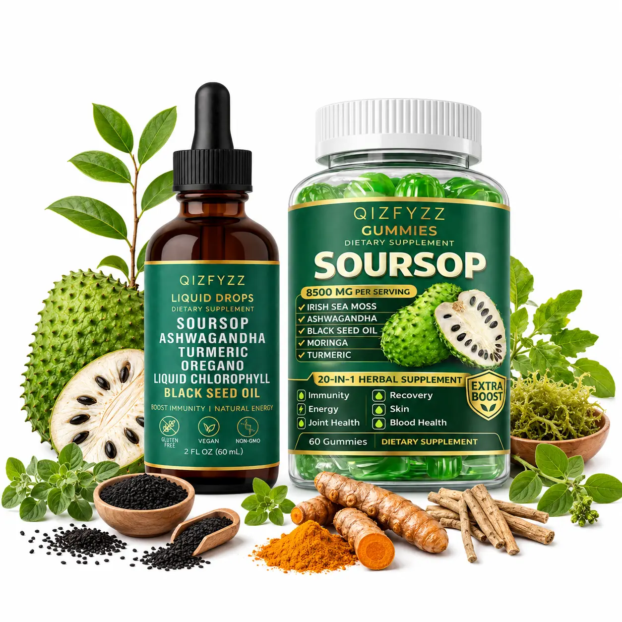 Soursop Supplement Combo, 8500mg Dual-Effect Gummies and Liquid Drops, 20-in-1 Herbal Blend with Soursop, Sea Moss, Moringa, Turmeric, Black Seed Oil & Botanicals, Vegan, Non-GMO