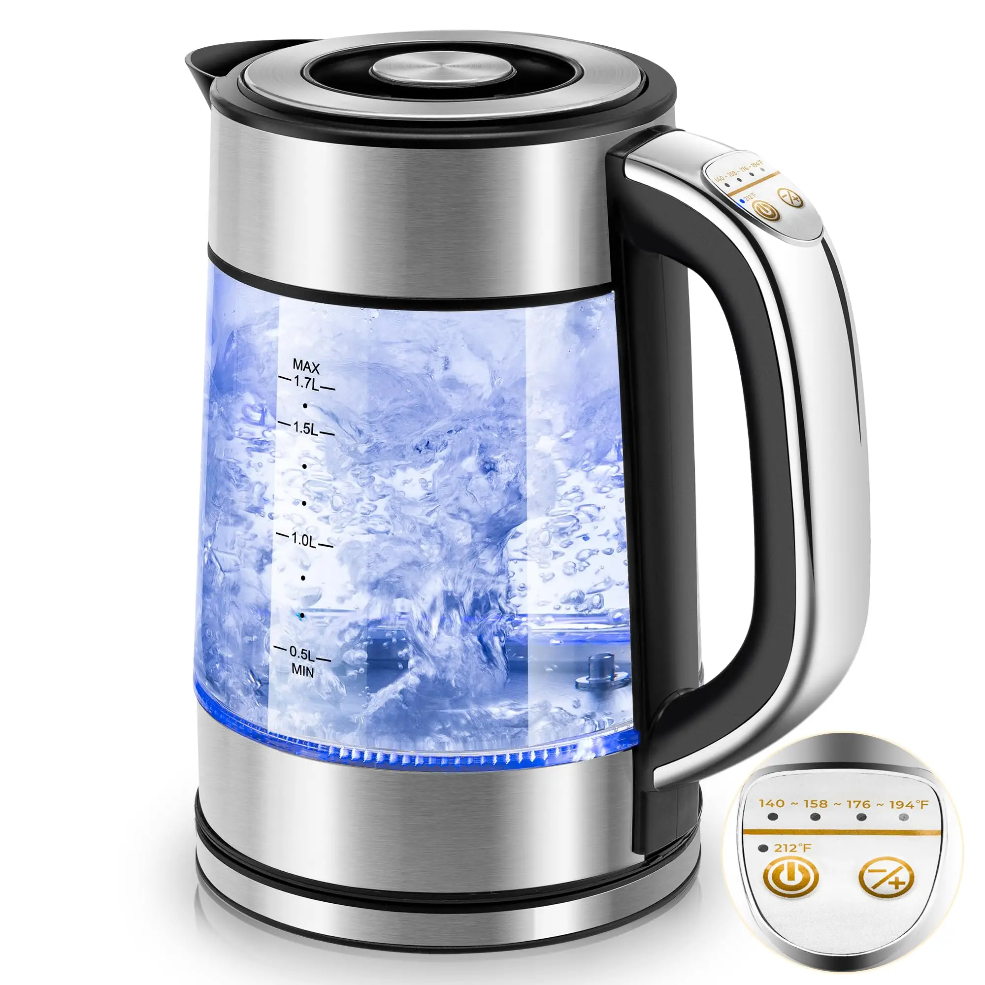 Pukomc Electric Tea Kettle with Keep Warm - 1.7 Litre Glass Electric Kettle Fast Heating with Automatic Power Off, Wide Opening, LED Indicator, Auto S
