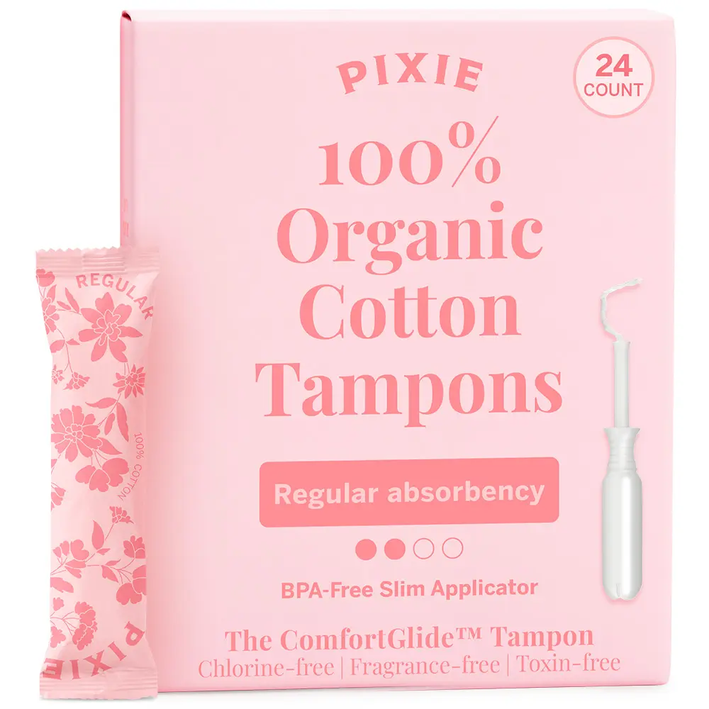 Pixie Organic Cotton Tampons – Regular Absorbency – BPA-Free Long Applicator – Unscented, Chlorine-Free Feminine Care – 24 Count