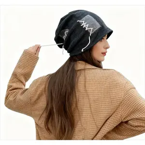 Women's Lightweight Stretch Knit Brimless Cap - Ethnic Elegant Design, Rope Detail, Decorative Balls - Unisex All-Day Comfy Hair Bonnet for Winter Casual, Formal Outfits