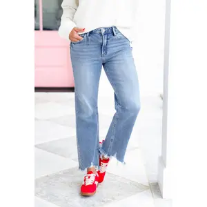 Risen High Rise Medium Wash Crop Straight Leg Jeans with Step Hem