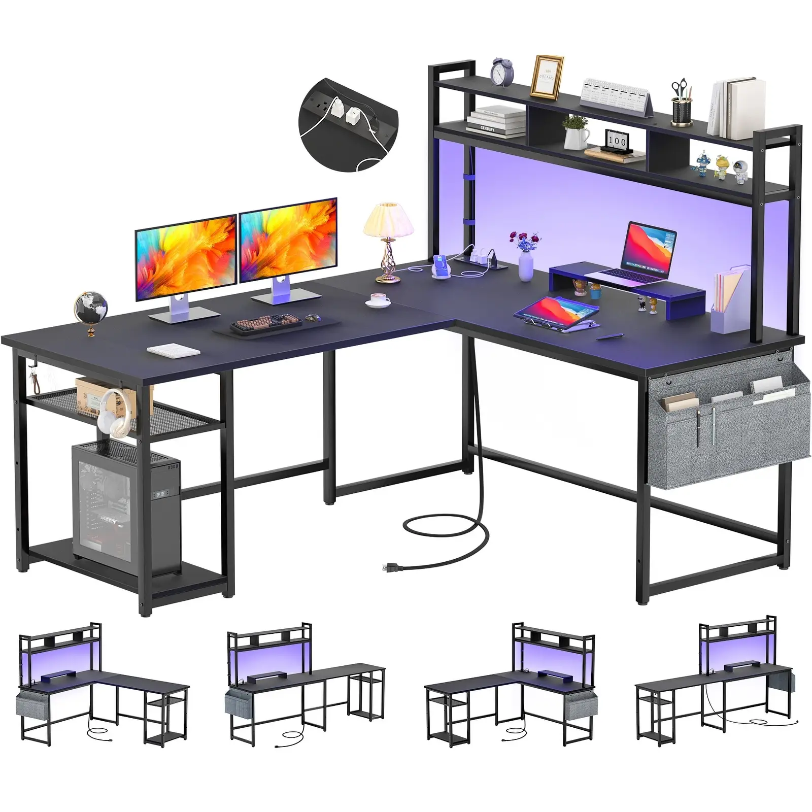Unikito L Shaped Computer Desk with Hutch & Power Outlets, 48.82" Reversible Gaming Desk with Monitor Stand , and USB Charging Ports , Office, and Gam