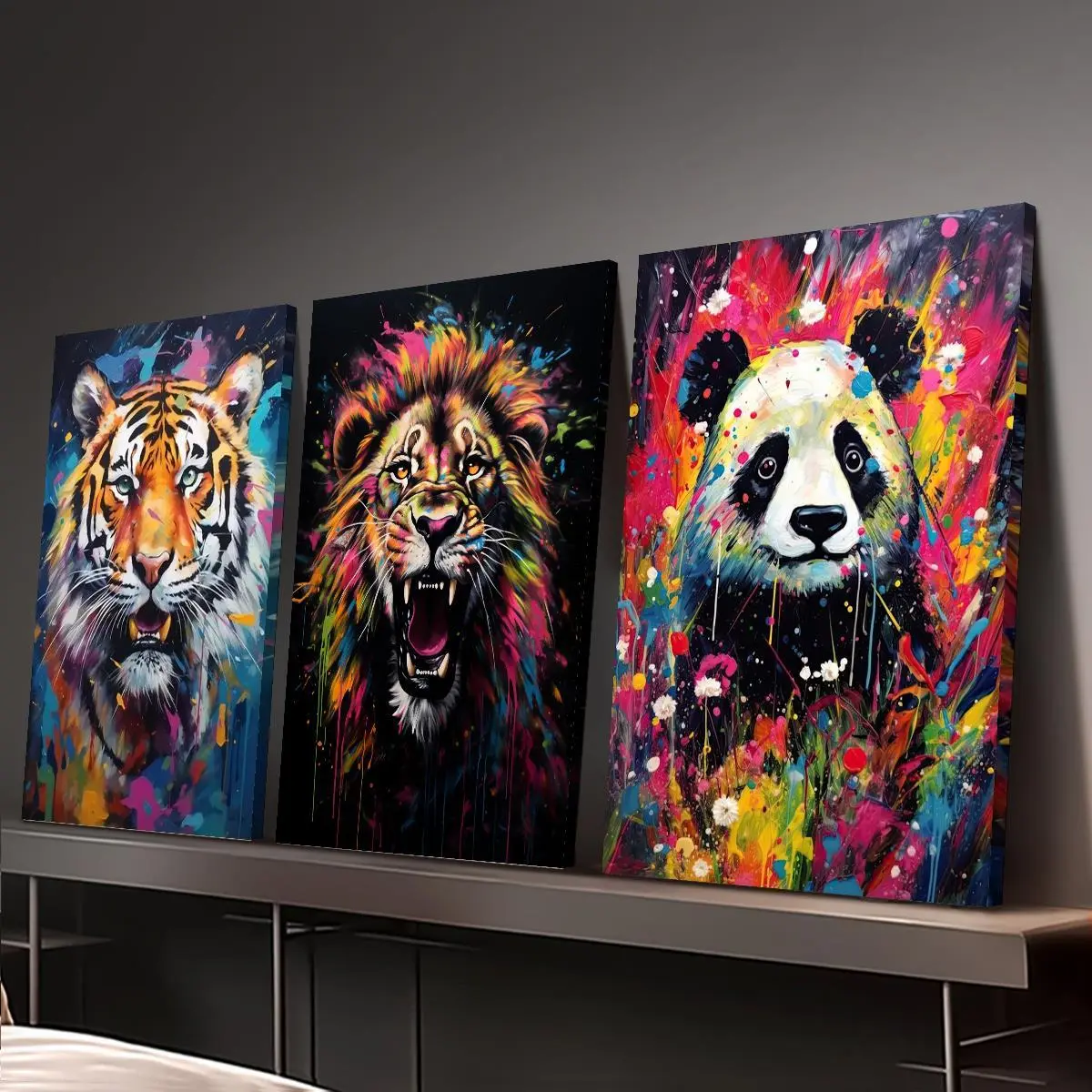 3-Piece Pine Wood Frame Canvas Prints, Colorful Graffiti Abstract Tiger Lion Panda Wall Art, Indoor Home Decor, Room Decor Animal Theme Posters