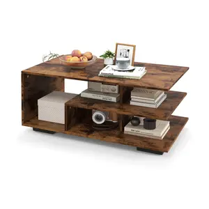 COSTWAY - Rectangular Coffee Table with L-shaped Middle Shelf-Brown