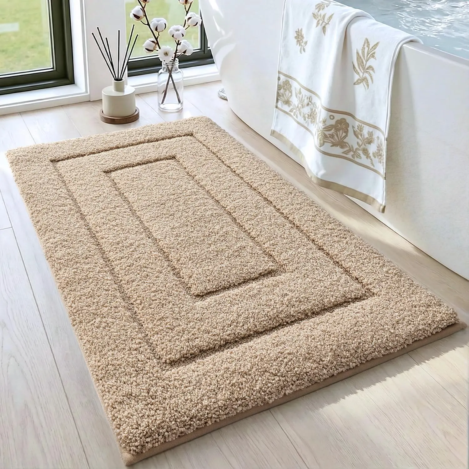 DEXI Bathroom Rug (24x16in), Non-Slip Machine Washable Bath Mat with Rubber Backing, Absorbent Soft Quick-Dry Microfiber Shaggy Indoor Shower Floor Rug, Beige, Machine Washable Rugs