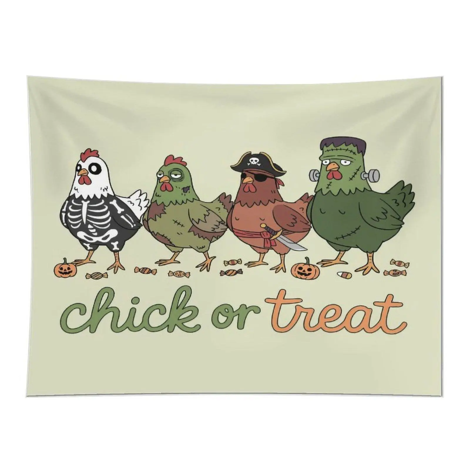 Funny Halloween Chick Or Treat Wall Tapestry Cute Costumed Chicken Cartoon Art For Holiday Bedroom Dorm Party Home Wall Decoration