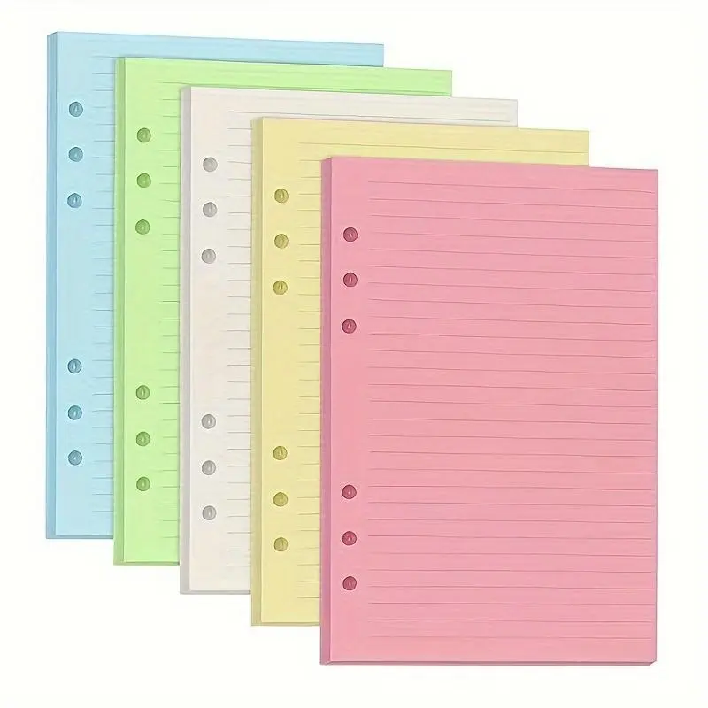 50 sheets A5 Colored Loose-Leaf Filling Paper, Filler Paper for 6-Ring Reusable Clip Books - School Stationery, Perfect for Daily Planning and Note-Taking, Ten in each of the five colors.