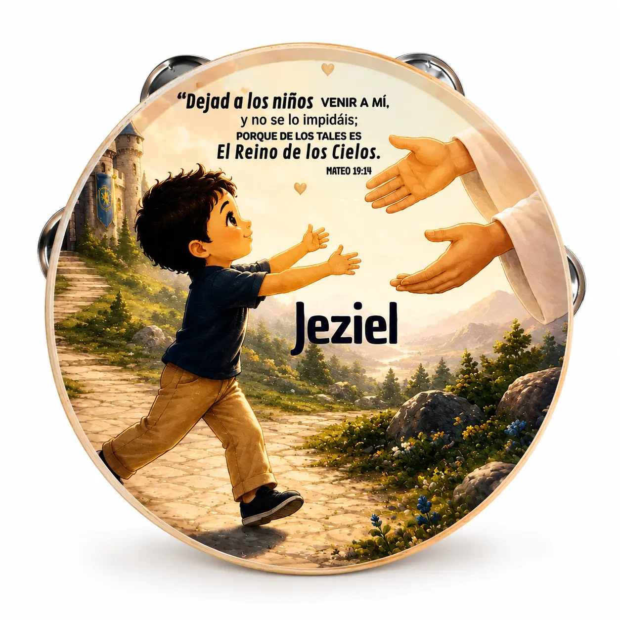 Personalized Kingdom of Heaven Tambourine, Unisex Handheld Percussion Instrument with Synthetic Leather Non-Slip Grip, Metal Cymbals, Color Printing, 4x4 & 8"x8"x2.2" Sizes for Pleasant Sounds