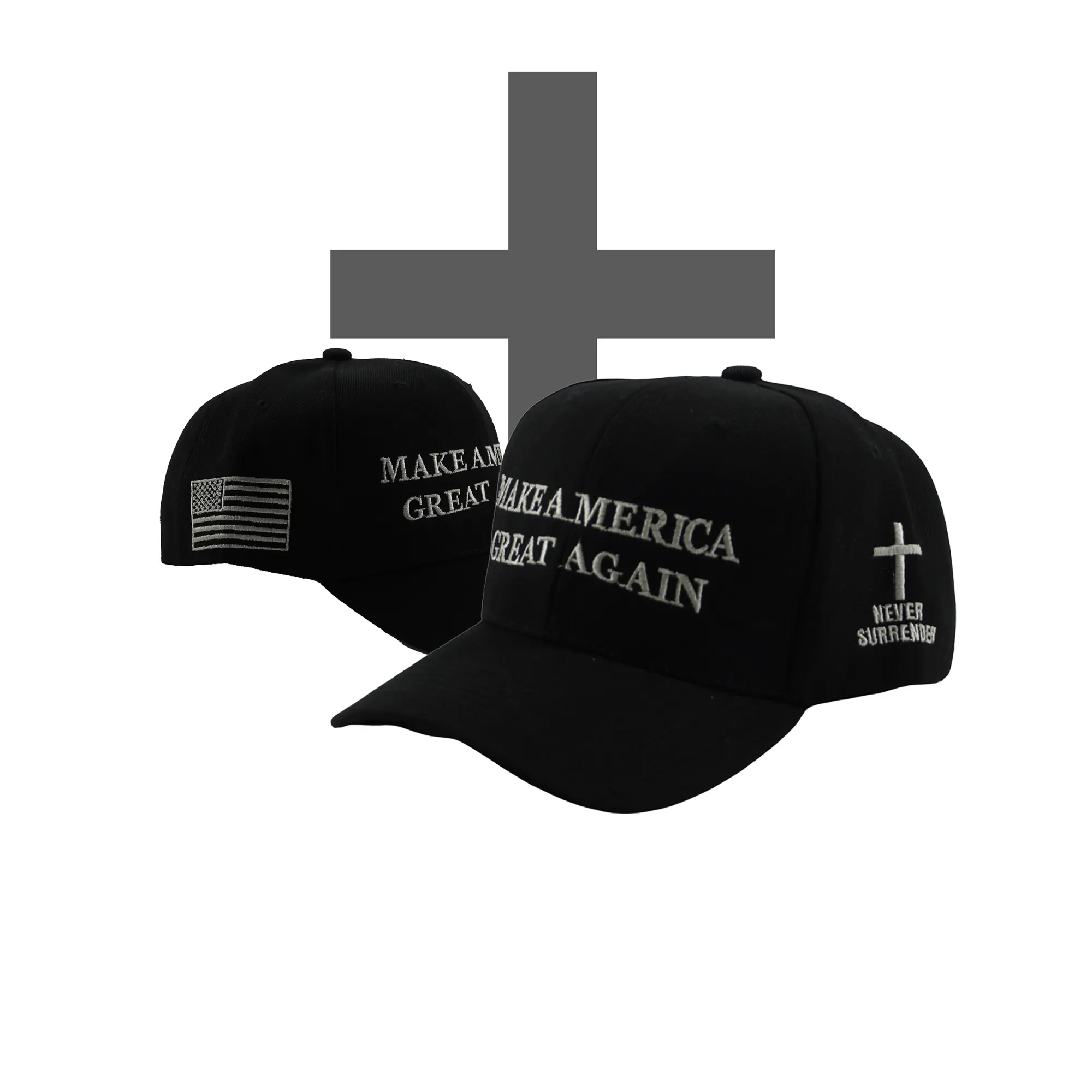 Dark MAGA Never Surrender Christian Cross Elon Cap with Trump Design