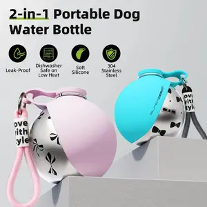 2-in-1 Portable Dog Water Bottle for Small Dogs - Leak-Proof & Compact Dog Travel Water Bottle -Stainless Steel Bottle & Silicon