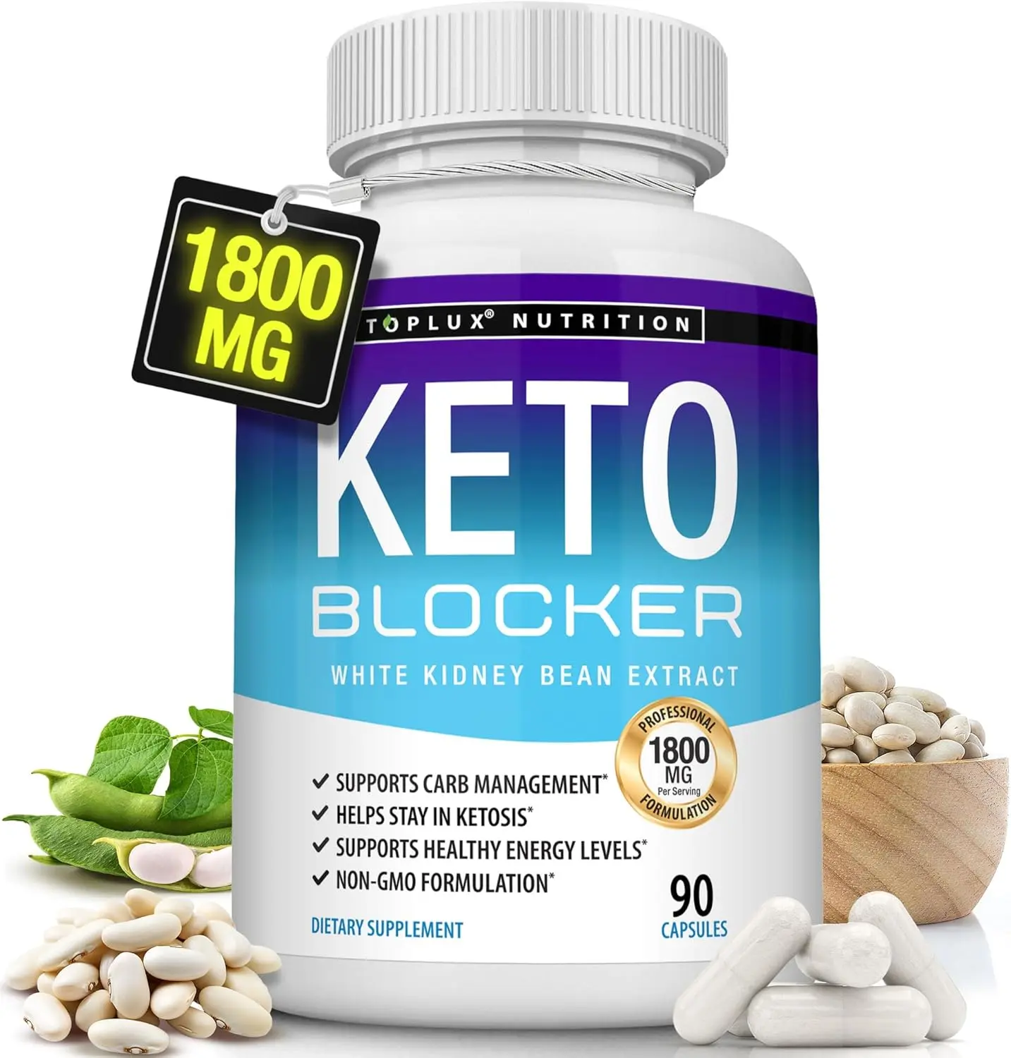 Toplux Keto White Kidney Bean Extract Capsules, 1800mg Per Serving Plant-Based Dietary Supplement, Natural Daily Low-Carb Lifestyle & Ketosis Wellness Support, Non-GMO, 90 Count Edible Vitamin Fitness