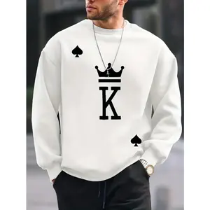 Fashion 380g Cotton Men's autumn and winter fashionable casual loose oversized KING printed fleece pullover round neck long sleeved sweatshirt