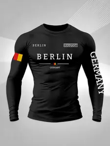 Men's Casual Sporty T-Shirt, Athletic Shirt, German Flag Letter Pattern Round Neck Long Sleeve Top, Perfect for Travel Gym Sports, All Seasons Comfort Fit