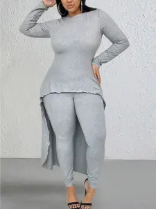 Plus Size Women's Set Solid Color Two-Piece Set Round Neck Long Sleeve Asymmetric Top&Slim-Fit Trousers, Basic Casual Grey Minimalist Elgant Everyday Tracksuits
