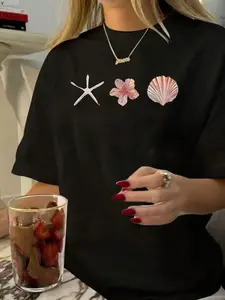 Women Casual Starfish & Shell Print Round Neck ShortSleeve T-Shirt White Summer