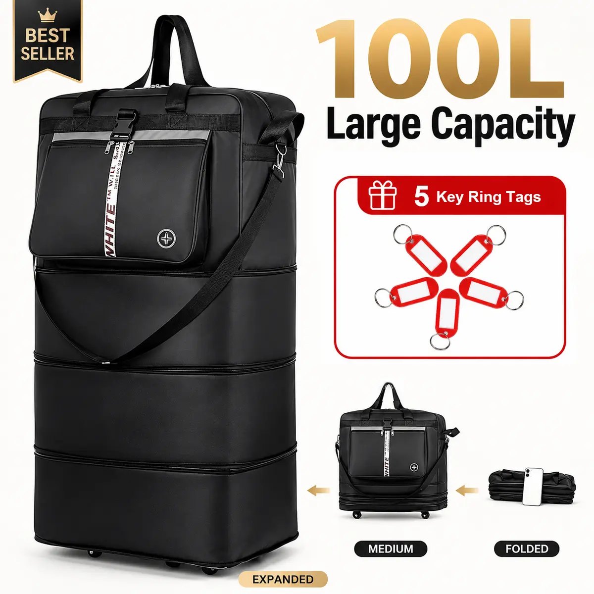 100L Waterproof Wheel Spinner Hospital Mom Bag, Collapsible Expandable Travel Duffle, Large-Capacity Lightweight Multifunctional Luggage with Easy Storage & Packing, Collapsible Travel Bags, Expandable Travel Bags