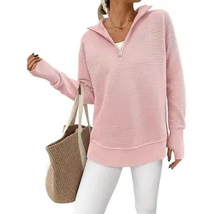 Women’s Ribbed Knit Quarter Zip Pullover – Soft Cozy Long Sleeve V-Neck Sweater with Thumb Holes | Casual Loose Fit Collared Jumper Top for Everyday Style & Layering