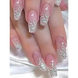 Y2k 24pcs Long Coffin False Nails - Pink & Silver Glitter Gradient| Sweet Elegant Cute Style| Removable Press On Nails Kit with Adhesive Jelly Glue & Nail File| For Women| Festival Party Dating Daily Use| Nail Supplies
