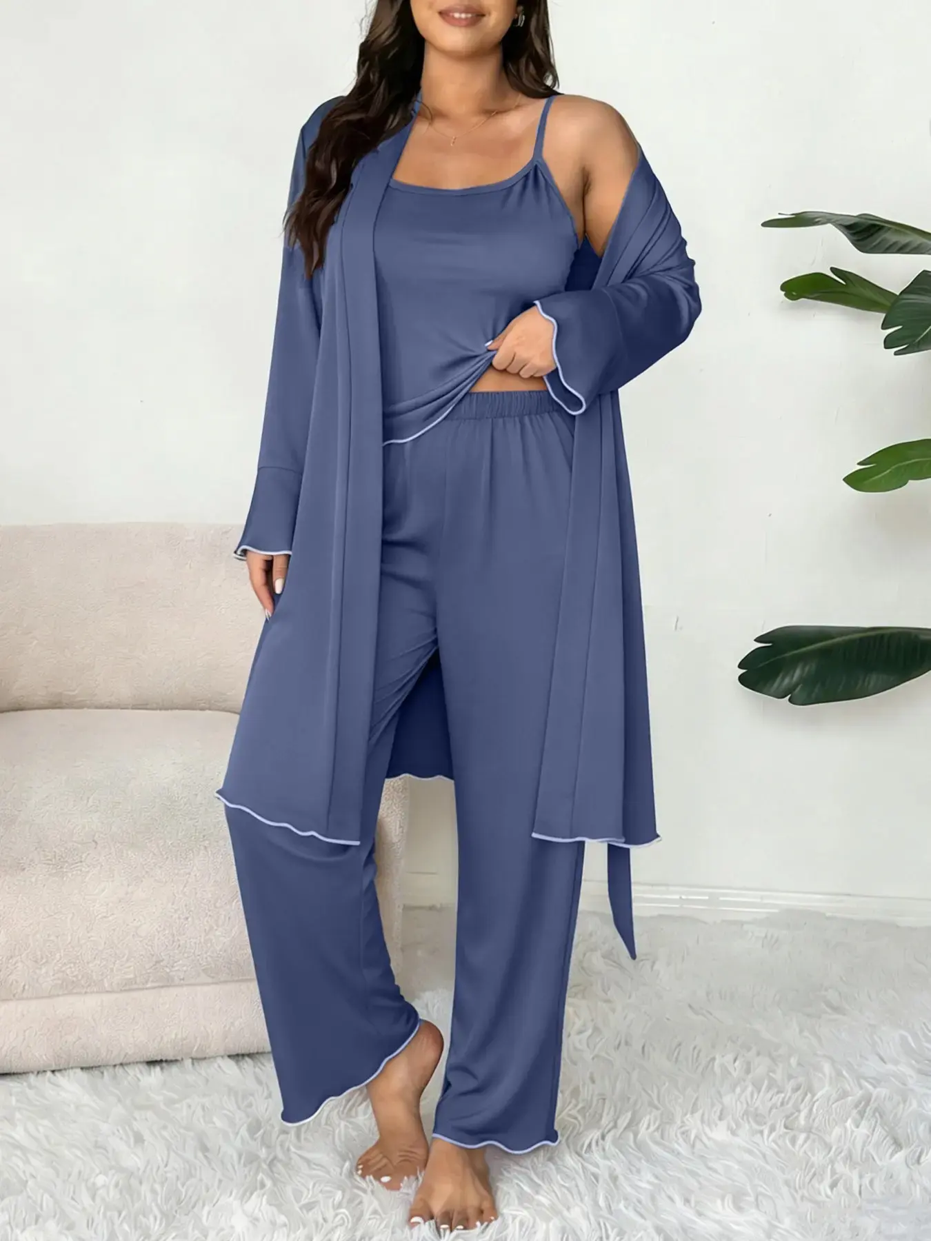 Women's Plus Size Solid Color Lace Trim Cami Pants + Casual Elegant Chic Bell Sleeve Long Sleeve Belted Robe, 3 Piece Matching Sleepwear Loungewear Pajama Set Pjs Homewear Home Clothes Loungewear