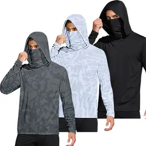 Men's Three-Piece Set of Long-Sleeved Sun-Protective Hooded Shirts with Built-In Masks and Thumbholes at Cuffs Lightweight Breathable UV-Resistant Quick-Drying Fabric for Outdoor Activities
