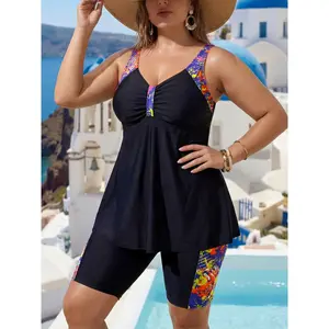 Women's Plus Size Tankini Set, European & American Fashion Print Two-Piece Swimsuit, High-Waisted Briefs Beachwear New Arrival