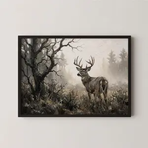 Misty Forest Buck Hunting Poster, Rustic Deer Wall Art for Cabin, Lodge, Man Cave & Outdoorsman Gift