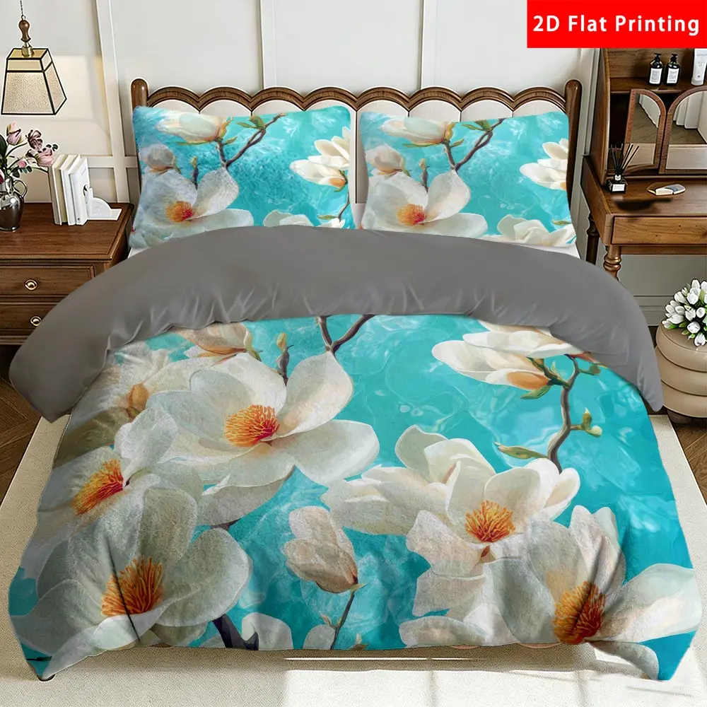 2/3 Pcs 2D Flat Magnolia Flower Milk Velvet Duvet Cover Set Magnolia Bedding Set Quilt Cover 1 Duvet Cover + 1/2 Pillowcases Magnolia Top Sheet Decorative Bedding Bedroom Decor The Preferred Pick for Bedding